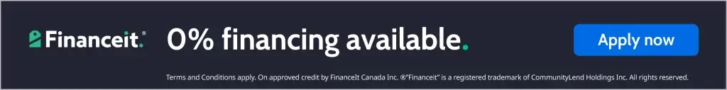Banner promoting 0% financing through Financeit with a call-to-action button labelled “Apply now.”