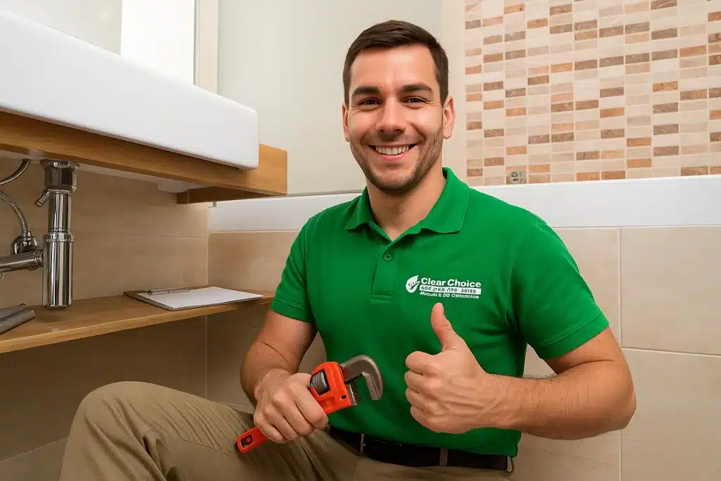 A smiling Victoria plumber from Clear Choice Plumbing kneeling under a bathroom sink, holding a pipe wrench and giving a thumbs-up — representing trusted residential plumber services in Victoria BC.