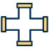 Yellow and blue four-way pipe connector icon showing a cross fitting, representing advanced Plumbing icon Victoria BC solutions