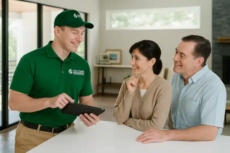 Clear Choice plumber Victoria BC in green uniform and khaki pants using a tablet in a residential kitchen, showcasing tech-savvy plumbing solutions.