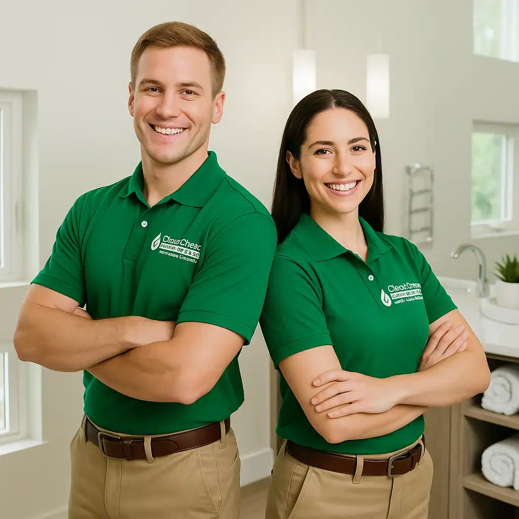 Two Clear Choice Plumbing technicians standing confidently side by side in a modern bathroom, representing the skilled plumber Victoria BC team.