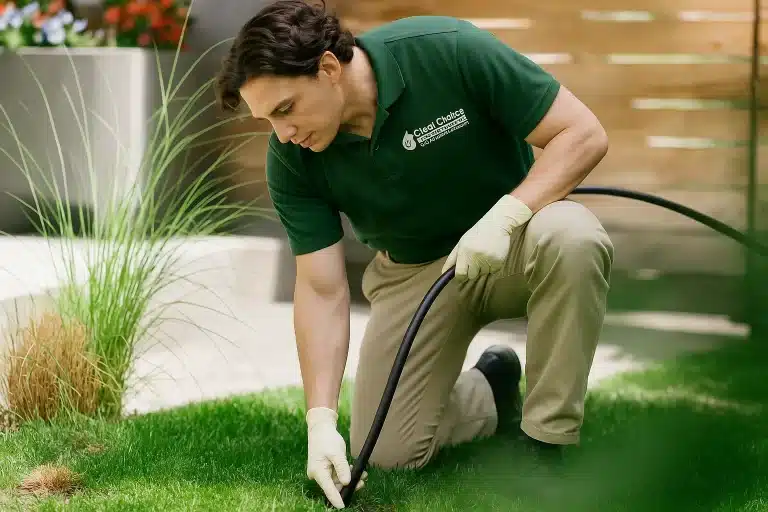 A Plumber working for The Clear Choice Plumbing, performing a drain cleaning service with a hydro jetter Victoria BC